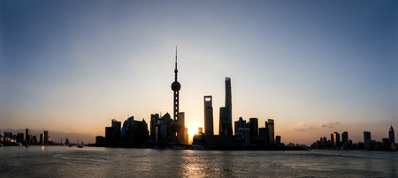 shanghai in sunny morning , huangpu river and pudong skylineのeditorial素材