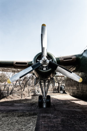 Front view of vintage propeller driven airplaneのeditorial素材