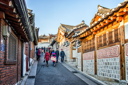 Seoul, South Korea - February 6, 2016: Bukchon Hanok Village is a Korean traditional village, The traditional village is composed of lots of alleys, hanok and is preserved to show a 600-year-old urban environment. Now it is used as a traditional culture cのeditorial素材