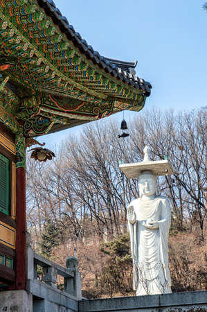 The ornate architecture of Bongeunsa Temple in Seoul, South Korea.の写真素材