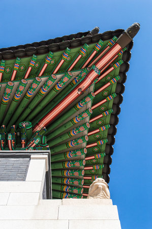 Detail of a beautiful painted roof in a Korean palace.