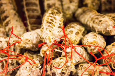 Close up of traditional dry sausages - street market detail.の写真素材