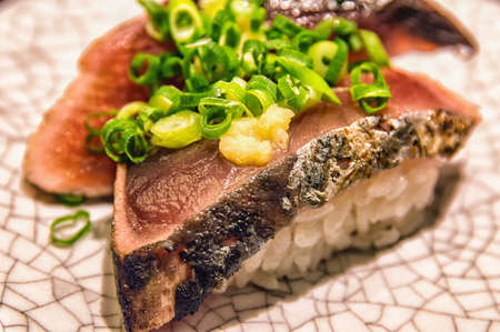 Bonito Nigiri Sushi extreme close up