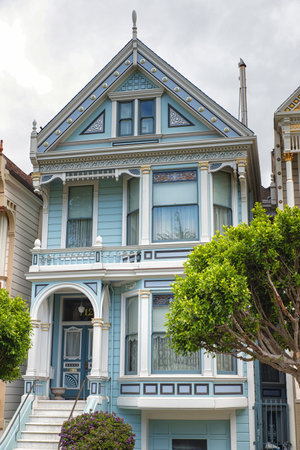 San Francisco, California, Usa: close up of one of the Painted Ladies on 5 May 2016. The Painted Ladies are a row of colorful Victorian houses at 710-720 Steiner Street across from Alamo Square parkのeditorial素材