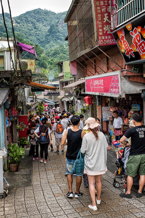 Taipei, Taiwan - July 24, 2016: street view of pingxi old street in taipei. It has the largest train station of Pingxi railway line, and it is developed as a must-see attraction in Taiwan.のeditorial素材