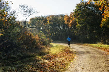 runner caucasian woman jogging in autumn forest