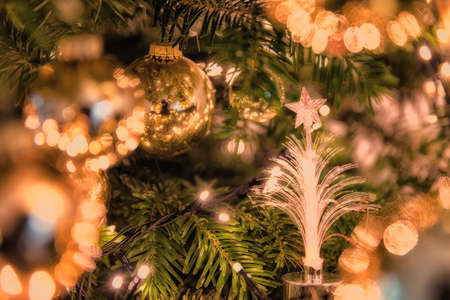 close up of christmas tree ornament balls decorationの写真素材