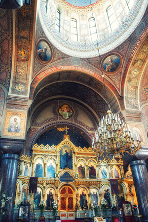 Helsinki, Finland - May 12, 2017: The Iconostasis of the Uspenski Cathedral in Helsinki, Finland. The cathedral is an Eastern Orthodox cathedral dedicated to the Dormition of the Theotokos (the Virgin Mary). It is the main cathedral of Finnish Orthodox Chのeditorial素材