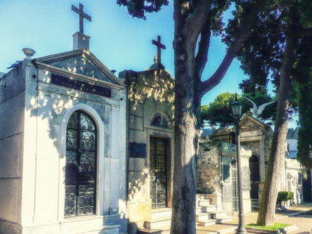 Buenos Aires, Argentina - June 03, 2016: Beautiful and ornate tombs at the Recoleta Cemetery. Many famous argentinians are buried here. Among them Eva Peron Duarte. The cemetery has become a tourist atraction.のeditorial素材