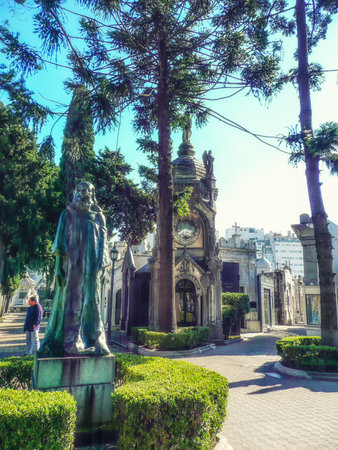 Buenos Aires, Argentina - June 03, 2016: Beautiful and ornate tombs at the Recoleta Cemetery. Many famous argentinians are buried here. Among them Eva Peron Duarte. The cemetery has become a tourist atraction.のeditorial素材