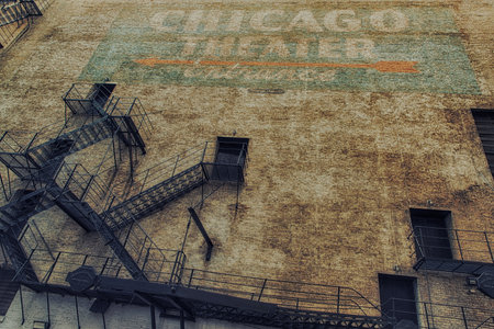 Ð¡hicago, USA - June 17, 2017: Old faded advertising and fire escape on the side of the Famous Chicago Theater on East Benton Place late in the day.のeditorial素材