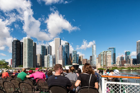 Chicago, USA- June 18, 2017:  tourists are taking in the scenery on a boat excursion.のeditorial素材