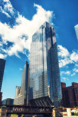 150 North Riverside in Chicago - the lower floors of the skyscraper cantilever out on the structural frame.の写真素材