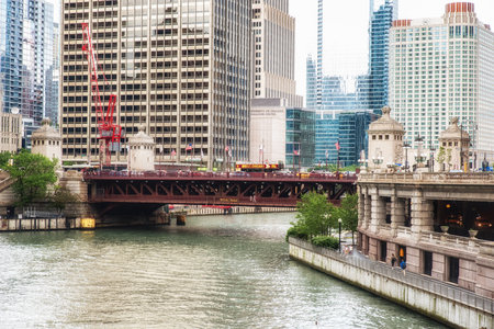 Chicago,USA-June 17,2017: Chicago skyline, looking west from Michigan Avenue bridge, view on Chicago and famous skyscrapers of chicago in a day timeのeditorial素材