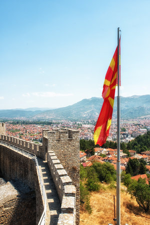 Walls and towers of Samuel's fortress with waving macedonian flag, Ohrid, Macedoniaのeditorial素材