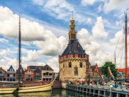 Hoorn, The Netherlands, 15 July 2017: One of the striking ancient buildings in Hoorn is the Main Tower, which is situated at the port of this town. In early days this was part of the defence reinforcement construction from this important harbour of Hollanのeditorial素材