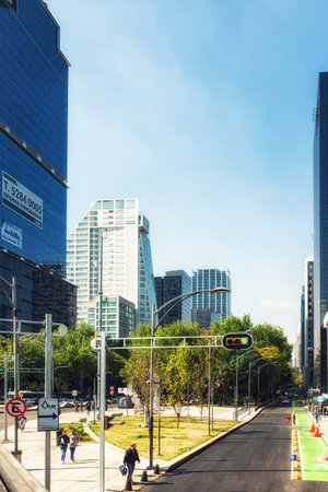 mexico City, Mexico - February 15, 2018:  View of skyscraper buildings and pedestrian walk at Mexico City.のeditorial素材