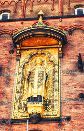 Gilded Statue of Bishop Absalon City Hall Copenhagen Denmarkの写真素材