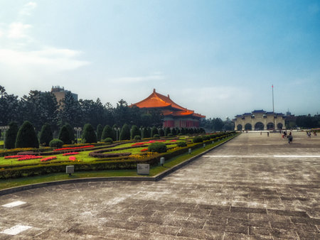 TAIPEI, TAIWAN - MARCH  02th 2018: Tourists visiting Liberty Square and Chiang Kai-shek Memorial Hall in Taipei. The National Concert Hall to the right and the National Theater to the left.のeditorial素材