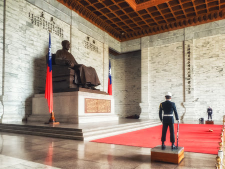 TAIPEI, TAIWAN - MARCH  02th 2018: Honor Guard at the Chiang Kai-Shek Memorial Hall in Taipei. Chiang Kai-shek Memorial Hall is a popular travel destination among tourists visiting Taiwan. Chiang Kai-shek, former President of Taiwan.のeditorial素材
