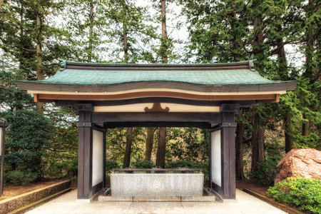 Shinto water ablution pavilion (known as Temizuya) for a ceremonial purification rite, known as temizu, located at Shinshoji temple narita, Japanのeditorial素材