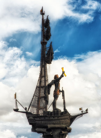 Moscow, Russia, 26th April 2018: Peter the Great Statue. The monument to Peter the Great is located at the Moscva River and the Vodootvodny Canal in Central Moscow, with 98 meters it`s among the tallest statues in the world.のeditorial素材