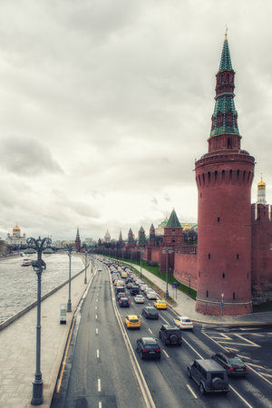 Moscow, Russia, 26th April 2018: Traffic jam in Moscow city center at the Kremlin tower, Moscow, Russiaのeditorial素材