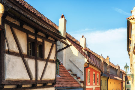 Prague, Czech Republic - April 04: Little houses on Golden street inside of Hrandcany Castle, Prague, Czech Republic.のeditorial素材