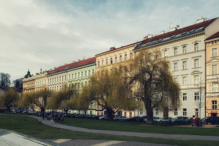 Prague, Czech Republic - April 04: Facades of the buildings of the city center with different colorsのeditorial素材
