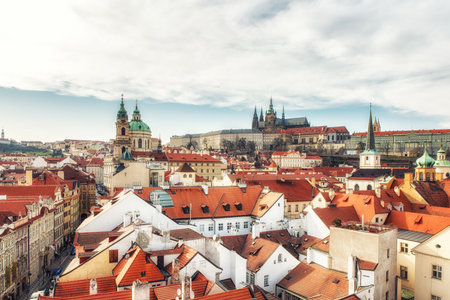 prague, Czech Republic - April 04: View of the Lesser Town, St. Nicholas Church and Prague Castle, Prague, Czech Republicのeditorial素材