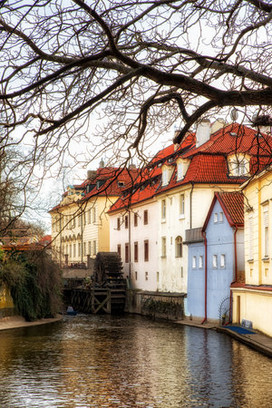 prague, Czech Republic - April 04: Watermill in the channels of Prague, Czechoslovakiaのeditorial素材