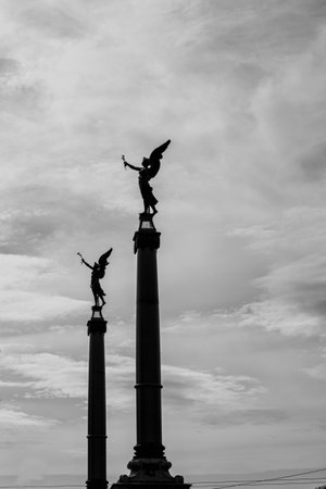 prague, Czech Republic - April 04, Art Nouveau style sculptures on pillars , Svatopluk Cech bridge, Prague, Czech Republicのeditorial素材