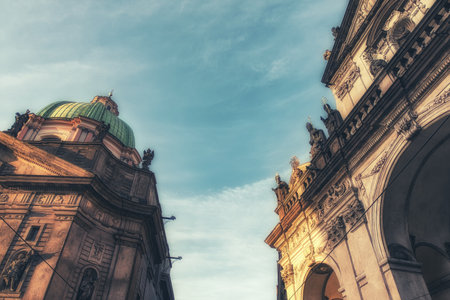 prague, Czech Republic - April 04: View of St. Francis of Assissi Church's dome and towers and other old buildings at the Old Town in Prague, Czech Republic, in the early eveningのeditorial素材