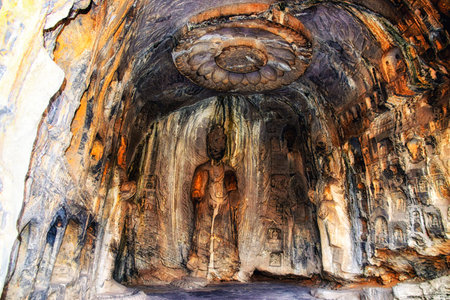 Luoyang, Hernan, China-December 25,2017 :Lianhua lotus flower cave, Longmen Grottoes and Caves, Luoyang, Henan Province, Chinaのeditorial素材