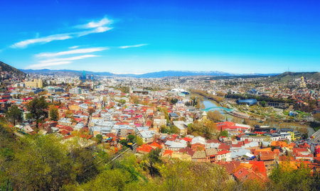 Tbilisi, Georgia  - April 12, 2017 :   Cityscape Of Summer Old Town. Metekhi Church Of Assumption In Historic Neighborhood Of Tbilisi Central Part Of City With Famous Landmarks.のeditorial素材