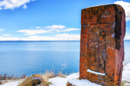 Notarus, Armenia - 10 April 2017: Stone khachkar with traditional ornament at Noratus medieval cemetery,Armeniaのeditorial素材