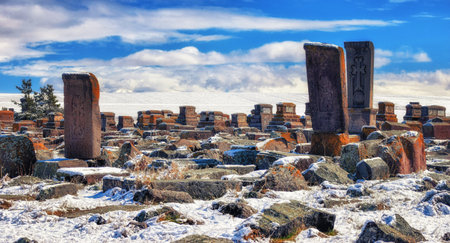 Notarus, Armenia - 10 April 2017: Lichen- and moss-encrusted khachkars (khatchkars, or cross-stones) at Noratus (Noraduz) Cemetery, Noratus (Noraduz), Armeniaのeditorial素材