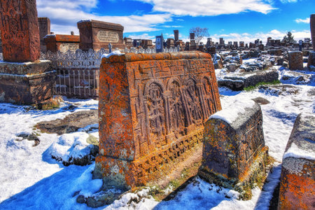 Notarus, Armenia - 10 April 2017: Lichen- and moss-encrusted khachkars (khatchkars, or cross-stones) at Noratus (Noraduz) Cemetery, Noratus (Noraduz), Armeniaのeditorial素材