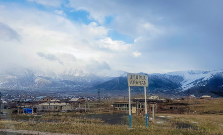 Aparan, Armenia,  April 11, 2017:  Village sign of Aparanのeditorial素材