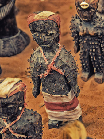 Voodoo objects for sale in a fetish market, used for traditional medicine in West Africa.