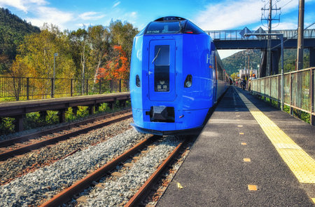 Hakodate, Japan - Oct 4, 2016: A local train stopping at JR Station in Hakodate, Japan. Hakodate is one of the main cities on Hokkaido, Japan northernmost island.のeditorial素材