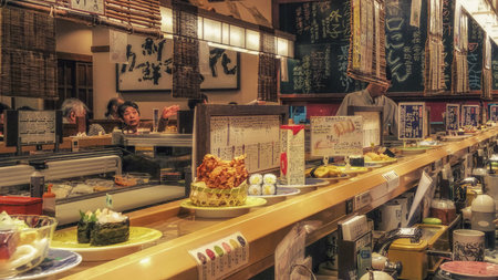 Nemuro Hokaido, Japan 30 September- 2016:  sushi at a conveyor belt at a cheap sushi restaurant.のeditorial素材