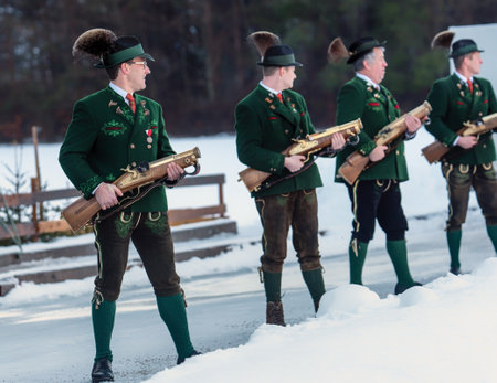 Bad Ischl, Austria  31 December 2017: Celebratory gunfire performed by the shooters from the Association of the DÂ´Ischler 
marksmansguild.のeditorial素材