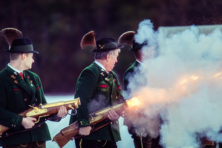 Bad Ischl, Austria  31 December 2017: Celebratory gunfire performed by the shooters from the Association of the DÂ´Ischler 
marksmansguild.のeditorial素材