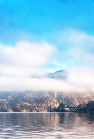 View of Traunkirchen village and Traunstein Mountain with Lake Traunsee