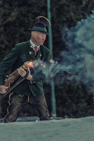 Bad Ischl, Austria  31 December 2017: Celebratory gunfire performed by the shooters from the...