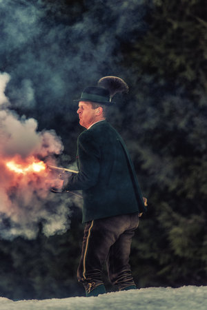 Bad Ischl, Austria  31 December 2017: Celebratory gunfire performed by the shooters from the Association of the DÂ´Ischler marksmansguild.のeditorial素材