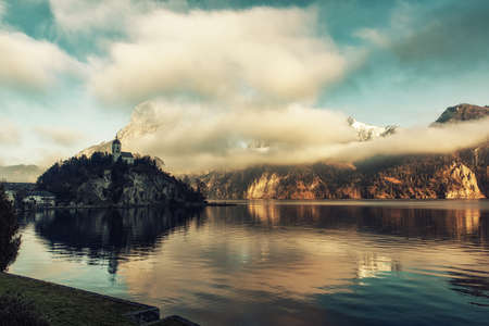 Johannesberg Chapel and Traunstein Mountain with Lake Traunsee at Traunkirchen, Salzkammergut,...