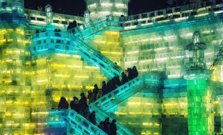 Harbin, China - February 14, 2014: People are visiting the Harbin Ice and Snow World festival, Located in Harbin, Heilongjiang, China.のeditorial素材