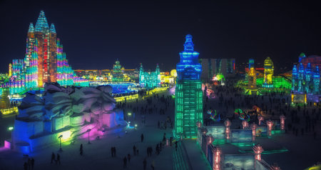 Harbin, China - February 14, 2014: The Harbin International Ice Festival Art Expo, which takes place each winter in Harbin is one of the largest ice festivals in the world. The huge structures are built from 2-3 ft blocks of ice taken from the Songhua Rivのeditorial素材